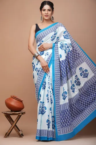 Women's Pure Soft Mul Cotton Madhubani Hand Printed Saree with Blouse Piece